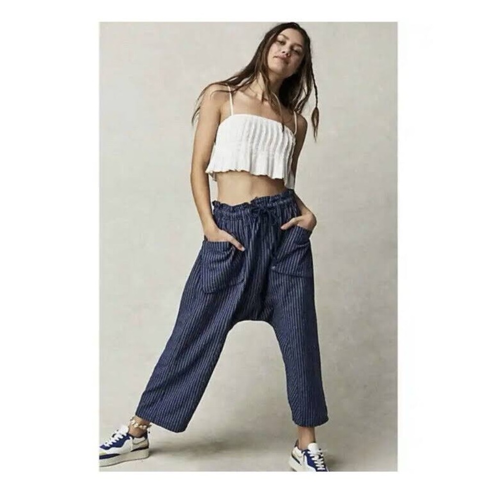 FREE PEOPLE Runyon Oversized Indigo Stripe Harem Pants Paperbag Tie Waist S M